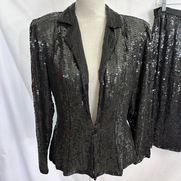 LILLIE RUBIN Black Sequin 100% Silk JACKET SKIRT SUIT VINTAGE 1990s Medium Set - Picture 3 of 8